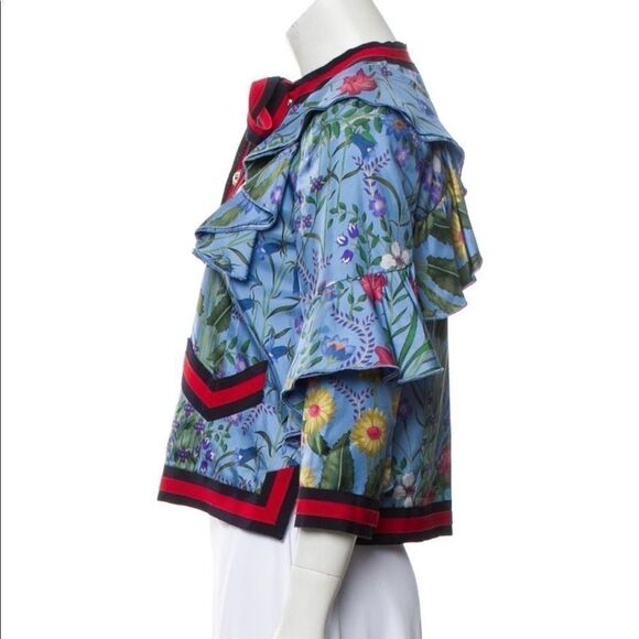 Gucci Blue Flora Ruffled Silk Blouse Jacket Navy Red Web Trim & GG Buttons SZ S - Picture 6 of 10